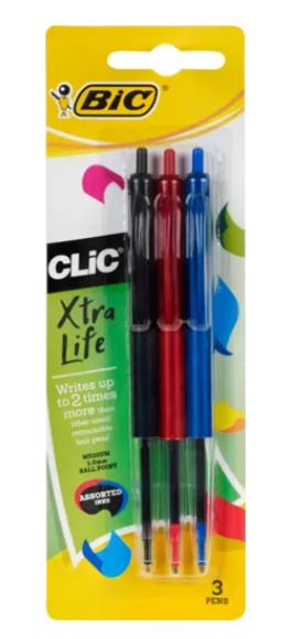 Bic Pen Clic Assorted 3pk