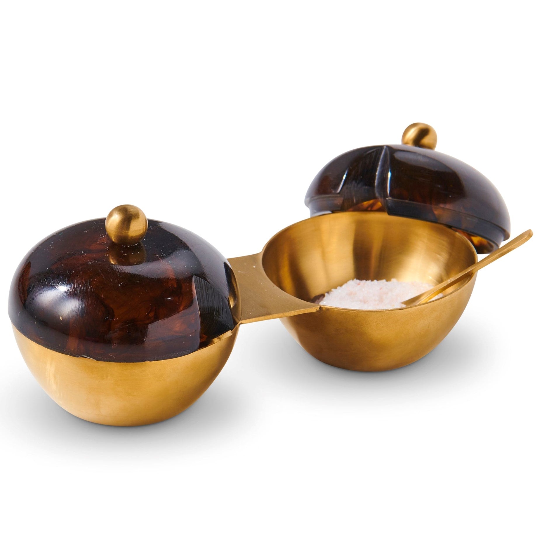 Brass Salt & Pepper Dual Dishes & Spoons -  Smoky Amber, Island Life or Pink Marble