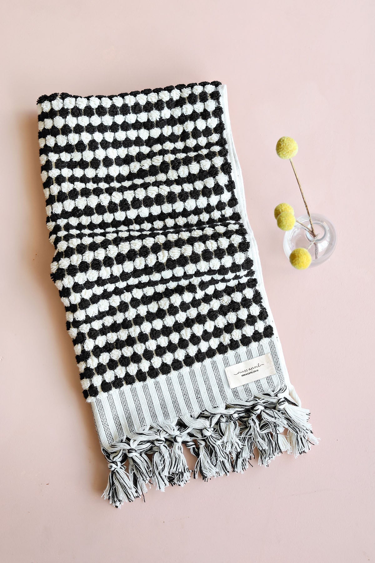 Miss April Hand Towel Pompom Black and White