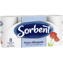 Sorbent 3ply Toilet Rolls Hypo Allergenic 8pk